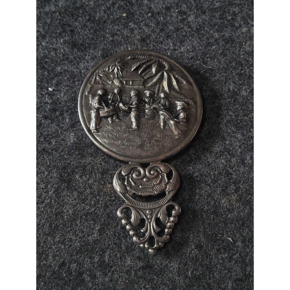 Vintage Silver plate purse Danish Hand Mirror embossed Island Scene Palm Trees - Picture 5 of 5